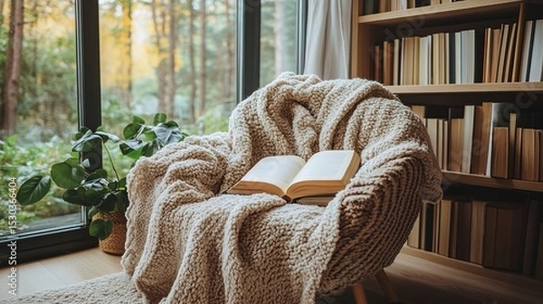 Fototapeta Cozy Reading Nook with Book and Blanket in Tranquil Home Interior