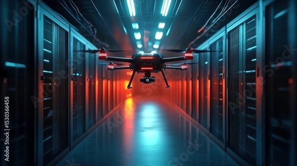 Fototapeta Modern Server Room Inspection with Advanced Drone Technology Illustration