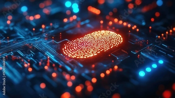Fototapeta Abstract Glowing Fingerprint on Circuit Board with Digital Security Concept