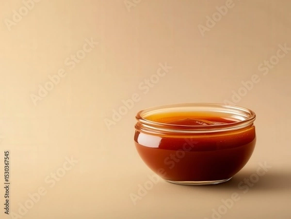 Fototapeta Rich Caramel Sauce in Glass Bowl on Soft Neutral Background