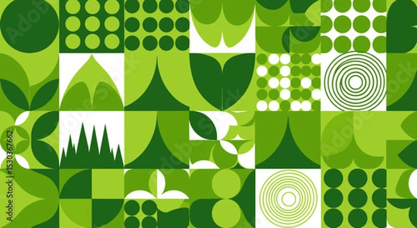 Fototapeta Geometric Green Graphic Composition with Various Shapes Creating an Abstract Visual Landscape