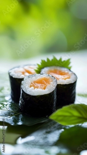 Fototapeta Fresh Sushi Rolls with Salmon and Green Garnish on Leafy Background