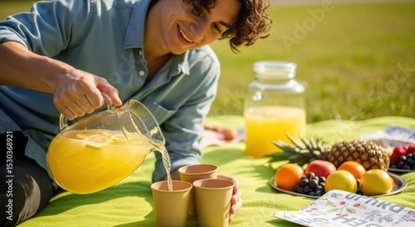 Fototapeta Young caucasian male enjoying picnic with fresh lemonade and fruit on a sunny day