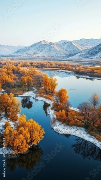 Fototapeta Serene Autumn Landscape with Mountains, River, and Colorful Trees