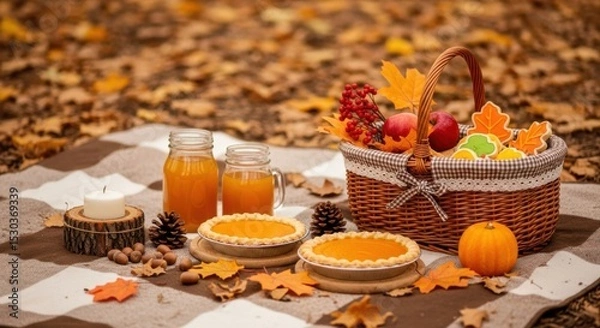 Fototapeta Autumn picnic with pumpkin pies and basket in leafy park setting