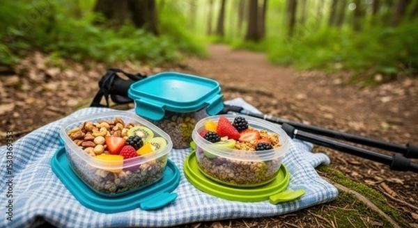 Fototapeta Hiking picnic with fresh fruit and granola in forest setting