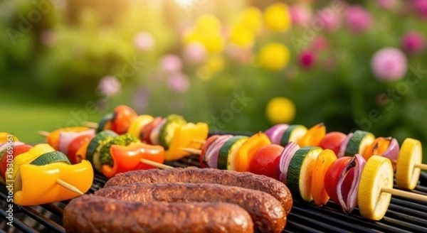Fototapeta Summer barbecue: grilled sausages and colorful vegetable skewers