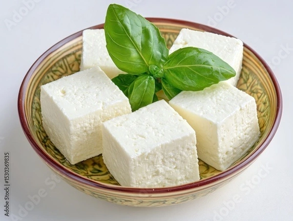 Fototapeta Fresh Soft Cheese Cubes with Basil Leaves in Decorative Bowl