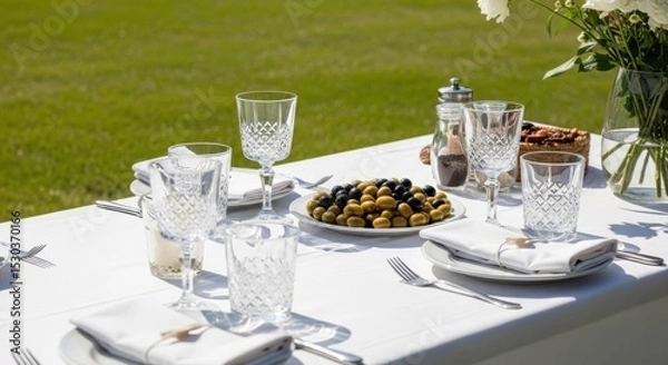 Fototapeta Elegant outdoor dining table with crystal glassware and olives on sunny lawn