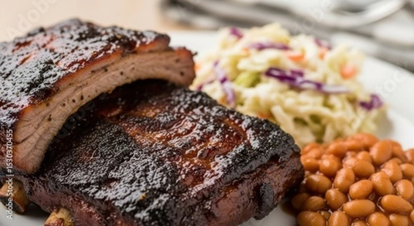 Fototapeta Bbq ribs with coleslaw and baked beans on a plate