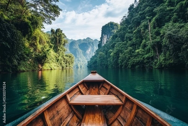 Fototapeta Serene View from a Wooden Boat on Calm Waters Surrounded by Nature