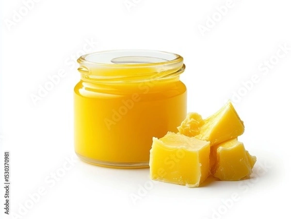 Fototapeta Fresh Organic Yellow Butter in Glass Jar with Chunks on White Background