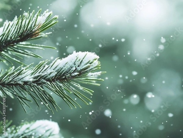Fototapeta Snow Covered Pine Branches with Soft Focus and Snowflakes Falling