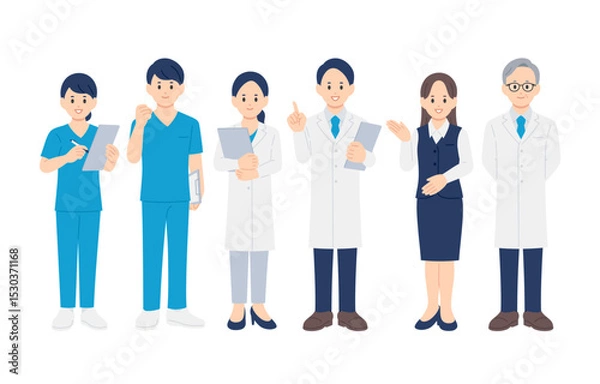 Obraz ポーズをとる医者･看護師･医療事務の男女全身セット【人物ベクターイラスト素材】