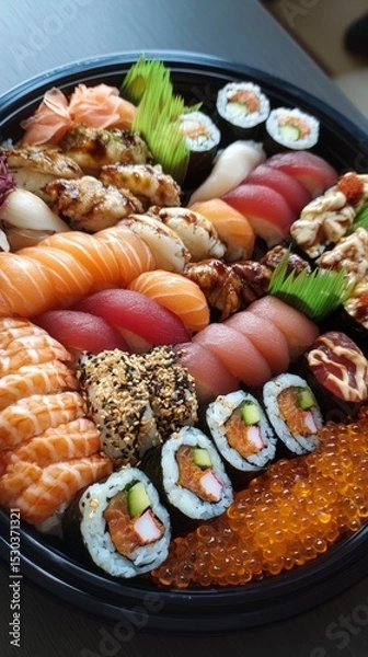 Fototapeta Assorted Fresh Sushi Platter with Various Ingredients and Styles
