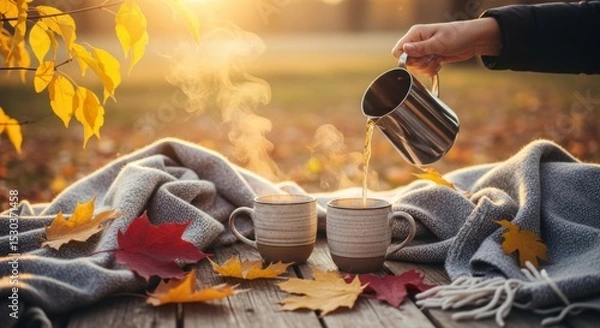 Fototapeta Cozy autumn outdoor tea setting with fall leaves and warm blankets in sunset light