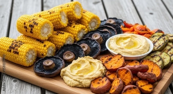 Fototapeta Grilled vegetables and hummus with corn, mushrooms, peppers, sweet potatoes, zucchini on wooden board