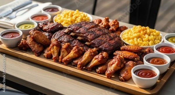 Fototapeta Delicious barbecue platter with ribs, wings, macaroni and dipping sauces on wooden table
