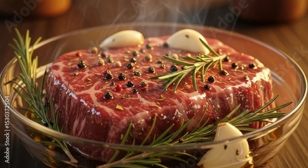 Fototapeta Juicy raw steak with peppercorns rosemary and garlic on wooden table