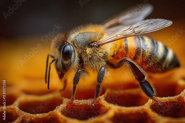 Fototapeta "Close-up of a honeybee on a honeycomb, Ai image generated