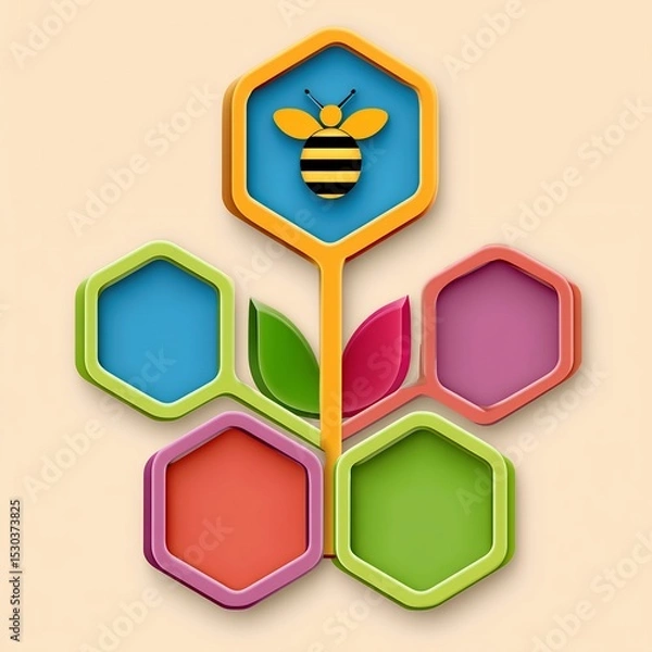 Obraz Bee on a Colorful Hexagonal Flower Illustration