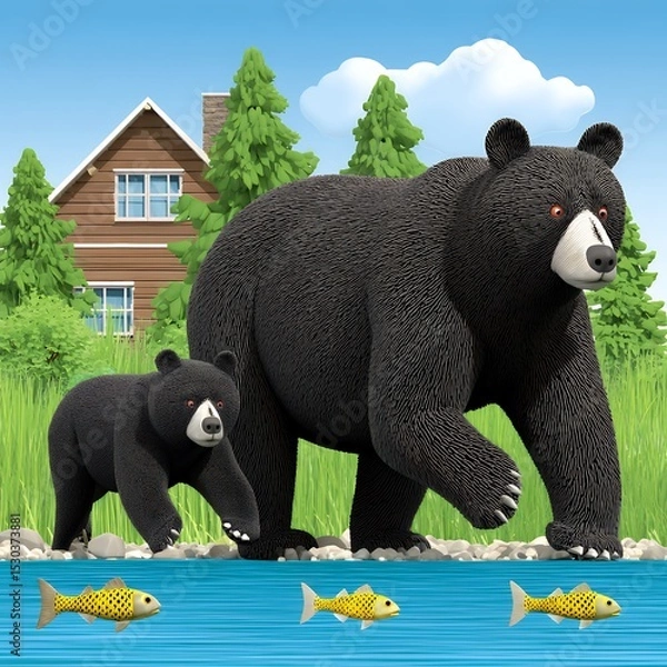 Obraz Black Bear and Cub by a River near a Rustic Cabin