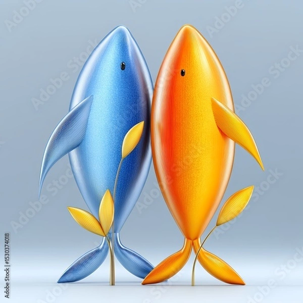 Obraz Blue and Orange Stylized Fish with Golden Plant