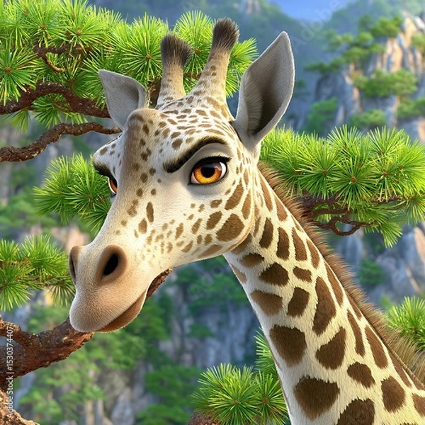 Obraz Cartoon Giraffe Portrait Against Mountainous Landscape