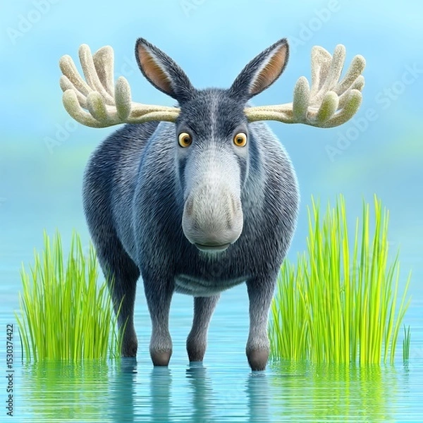 Obraz Cartoon Gray Moose in Water with Green Grass