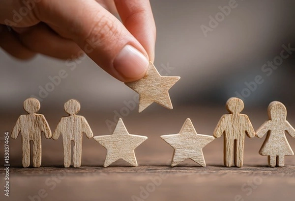Fototapeta A hand giving five stars to wooden figures representing people, symbolizing customer satisfaction. Epic high-resolution photo for the customer experience value chain, with a focus.