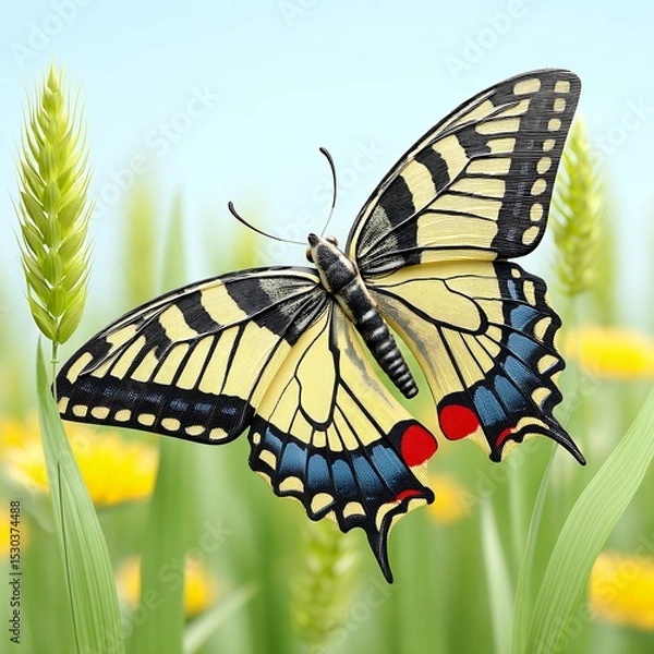 Obraz Closeup of a Yellow and Black Butterfly in a Wheat Field