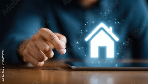 Fototapeta Close-up of a man using a smartphone and digital tablet with a house icon on a virtual screen for a real estate concept. The man is searching for a home or apartment to buy from.