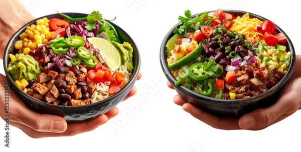 Fototapeta Hand holding Mexican burrito bowl with fresh vegetables, grains, and jalapenos isolated on white transparent background