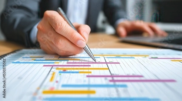 Fototapeta Business project management and timeline scheduling. A professional analyzing Gantt charts and tracking workflow progress with advanced planning and deadline execution tools.