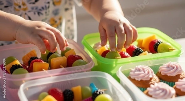 Fototapeta Child's hands reaching for colorful fruit skewers and cupcakes in lunch boxes