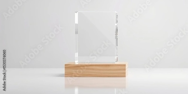 Fototapeta Crystal Award With Wood Base Represents Achievements, Recognition, Success, and Excellence Placed on Clean White Surface in Studio