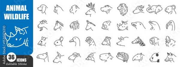 Fototapeta Animal and wildlife head side view outline icon . Editable stroke . Vector .