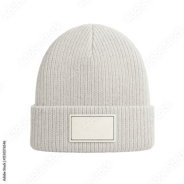 Fototapeta Isolated Cream-Colored Knit Beanie Hat with Blank Label Patch