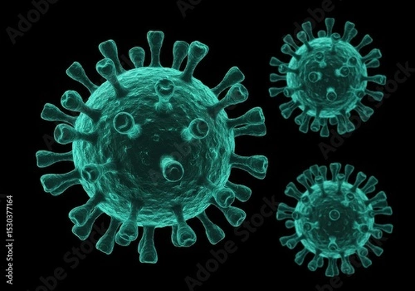 Obraz Three teal virus cells on a dark background