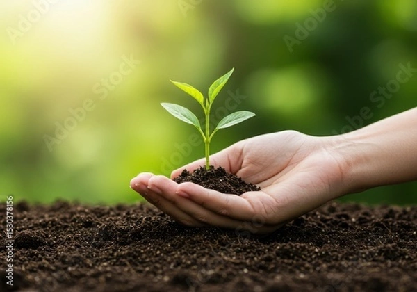 Obraz Hand holding a young plant with soil in a garden setting
