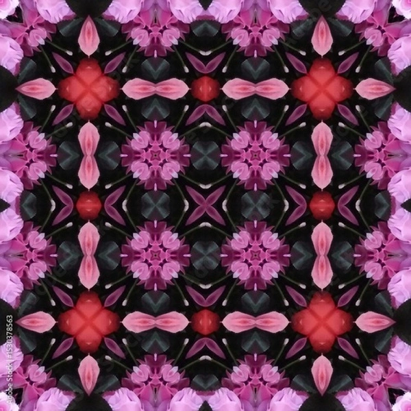Fototapeta Seamless kaleidoscope floral pattern abstract arrangement of pink and red blossoms with dark accents, creating a symmetrical and visually captivating design for fabric, wallpaper, and backgrounds