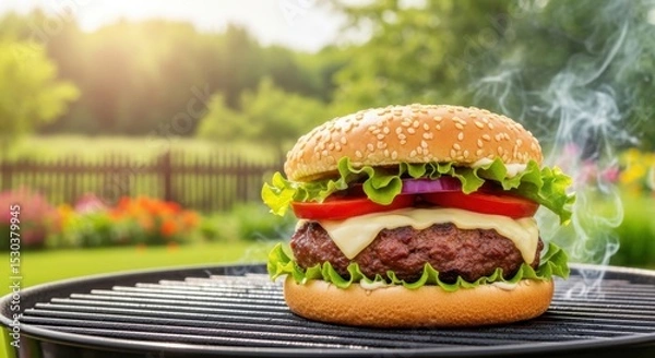 Fototapeta Juicy cheeseburger on grill with lettuce and tomato in a sunny garden