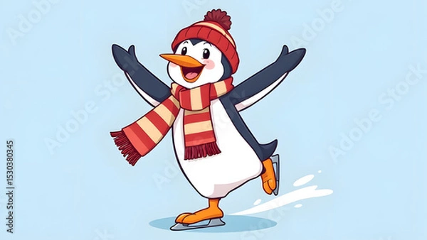 Fototapeta Cheerful cartoon penguin in striped scarf and cap skates gracefully, arms spread wide with a wide smile.