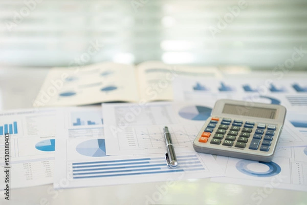 Fototapeta calculator, account statement and business report with review of year end reports. accounting business audit concept.