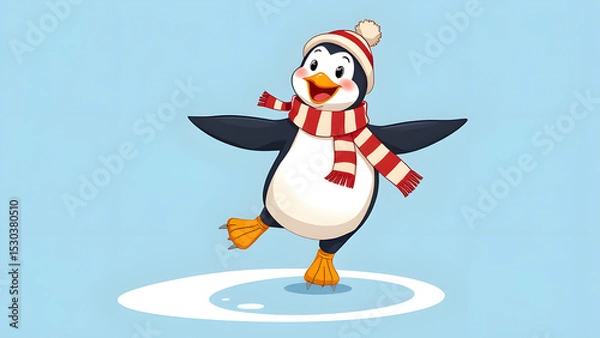 Fototapeta Cheerful cartoon penguin in striped scarf and cap skates gracefully, arms spread wide with a wide smile.