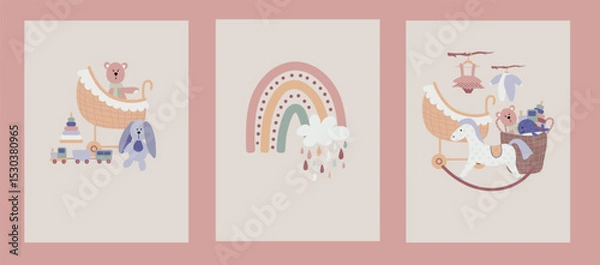 Obraz Boho baby rainbow card clipart. Boho color rainbow, animals and baby elements for kids bedrooms poster.