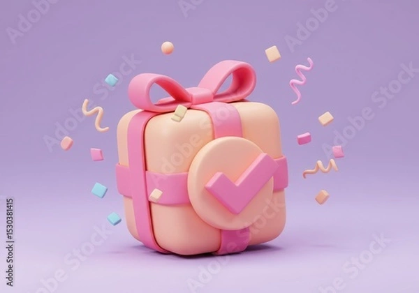 Obraz Gift box with check mark and confetti on purple background