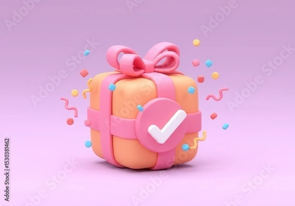 Obraz Cartoon gift box with ribbon and check mark on pink background