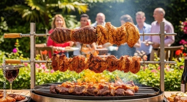 Fototapeta Outdoor barbecue feast with diverse adults enjoying grilled meat on a sunny day