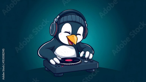 Fototapeta An enthusiastic cartoon penguin DJ wearing headphones and a bini, concentrating on mixing on a small turntable.